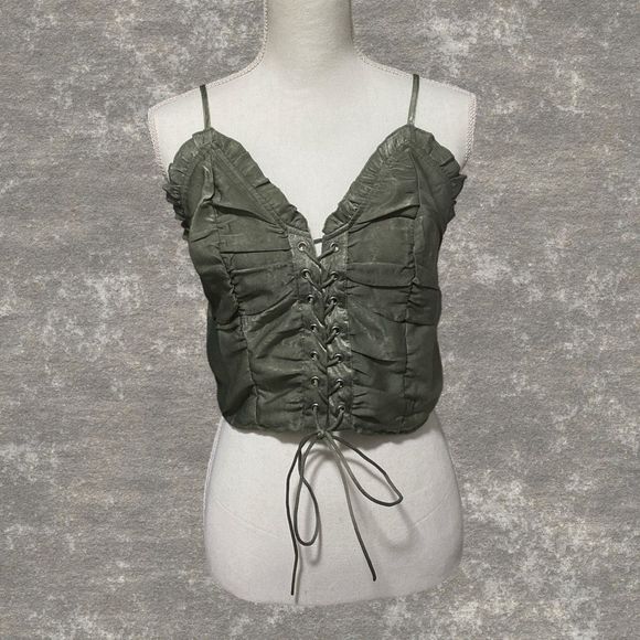 SHEIN Tops - SHEIN CURVE | Plus Frill Lace Up Cami Top Cropped Olive Army Green Size 0XL 12 L